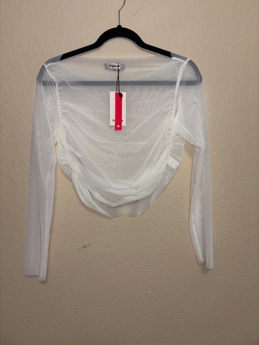 Popilush White Sheer Mesh Ruched Long Sleeve Crop Top NWT Size Small
